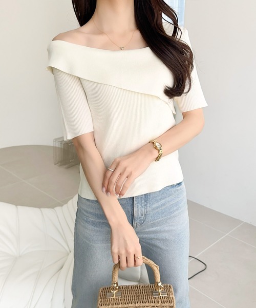 tシャツ 「mily bilet」この夏華やかさと個性をプラス。アシンメトリーオフショル2WAY半袖サマーリブニット レディース | mily bilet | 07