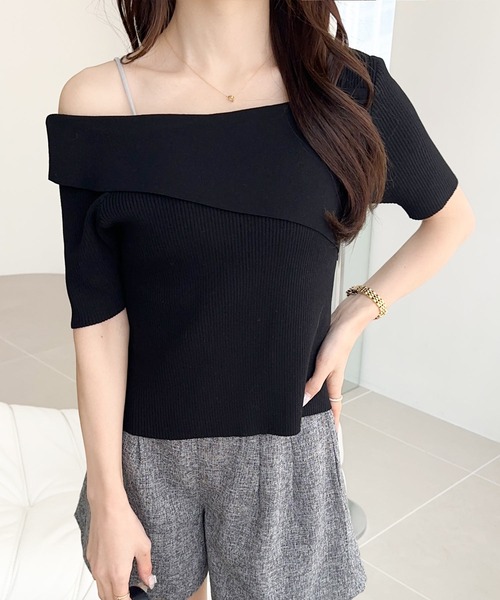 tシャツ 「mily bilet」この夏華やかさと個性をプラス。アシンメトリーオフショル2WAY半袖サマーリブニット レディース | mily bilet | 14