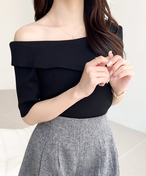 tシャツ 「mily bilet」この夏華やかさと個性をプラス。アシンメトリーオフショル2WAY半袖サマーリブニット レディース | mily bilet | 15