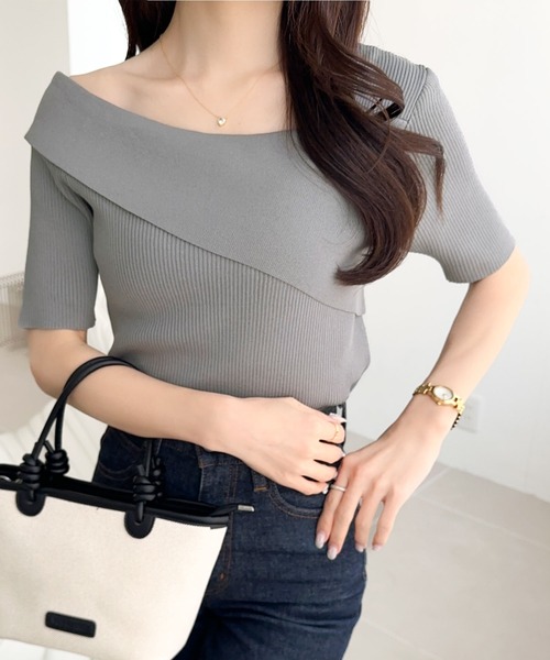 tシャツ 「mily bilet」この夏華やかさと個性をプラス。アシンメトリーオフショル2WAY半袖サマーリブニット レディース | mily bilet | 22