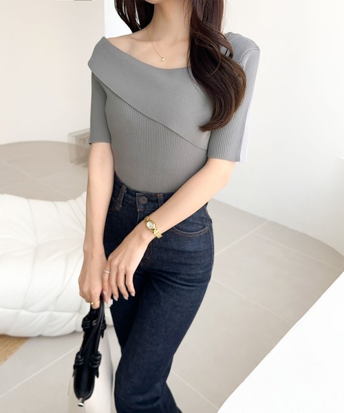 tシャツ 「mily bilet」この夏華やかさと個性をプラス。アシンメトリーオフショル2WAY半袖サマーリブニット レディース | mily bilet | 23