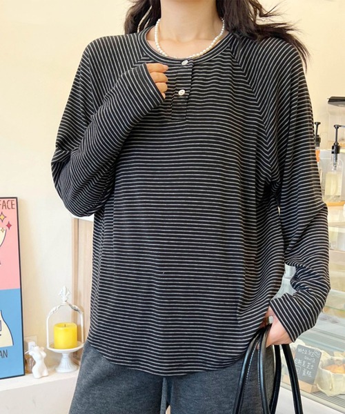 aimoha（アイモハ） ヘンリーネック tシャツ ボーダーヘンリーネック