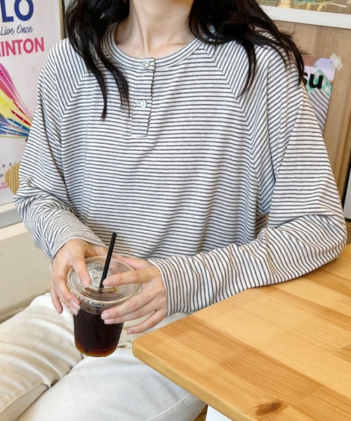 aimoha（アイモハ） tシャツ ボーダーヘンリーネック長袖Tシャツ