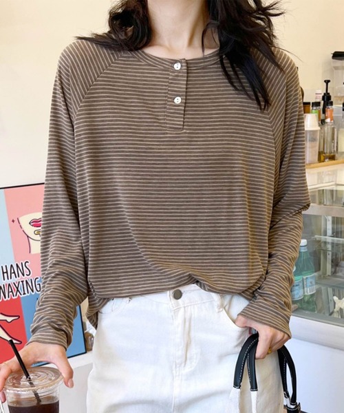 aimoha（アイモハ） tシャツ ボーダーヘンリーネック長袖Tシャツ