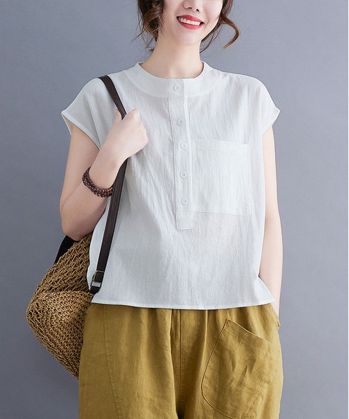 BLANC FICELLE ブラウス シャツ 半袖 スタンドカラーヘンリーネック