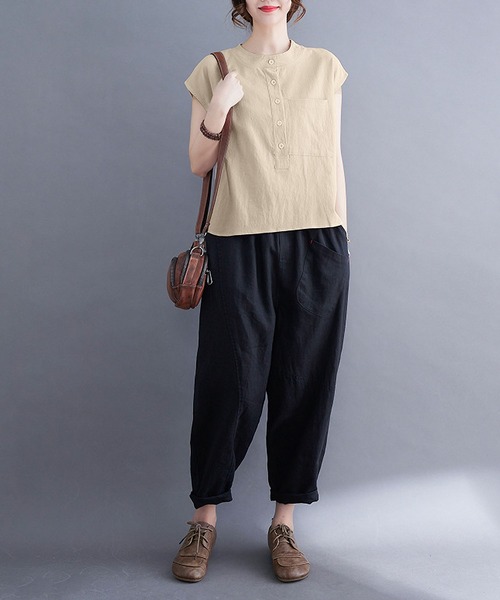 BLANC FICELLE ブラウス シャツ 半袖 スタンドカラーヘンリーネック