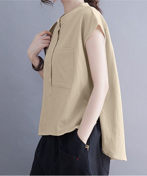 BLANC FICELLE ブラウス シャツ 半袖 スタンドカラーヘンリーネック