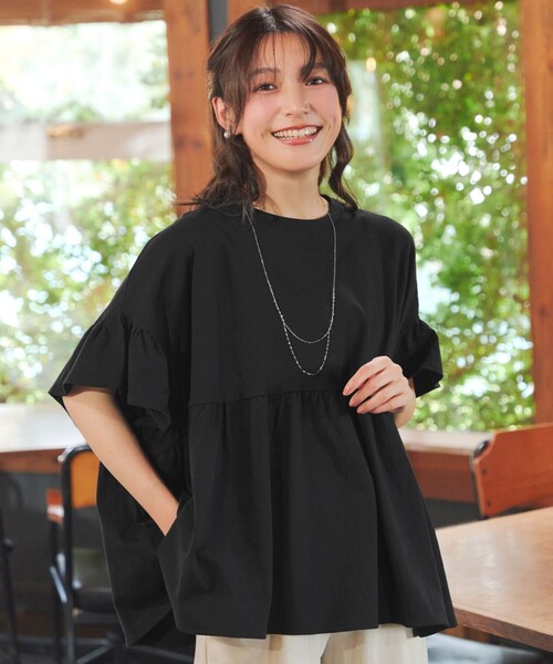 Tiaclasse tシャツ ギャザー切り替えフレアプルオーバー レディース