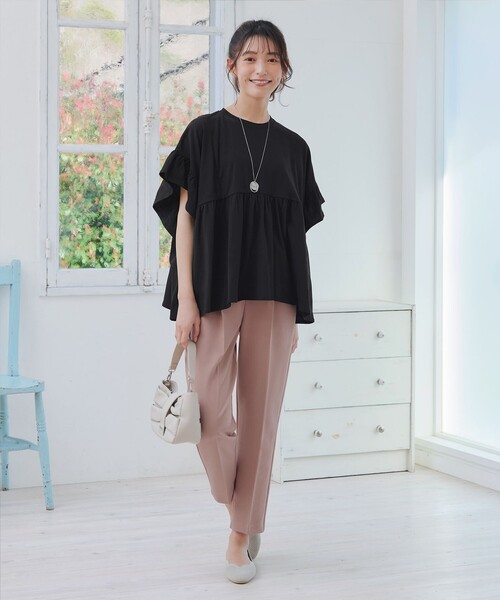 Tiaclasse tシャツ ギャザー切り替えフレアプルオーバー レディース