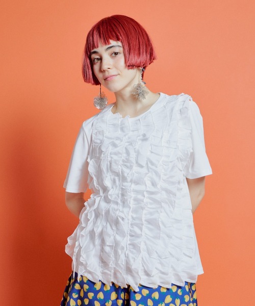 tシャツ ミニフリルレースカットソー レディース 自由区 tシャツ 「洗える・XSサイズあり」レースEDGEフロント
