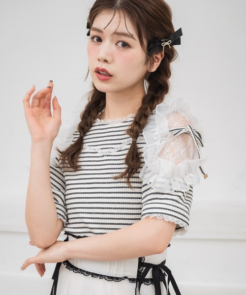 tシャツ 肩透かしラッフルトップス レディース