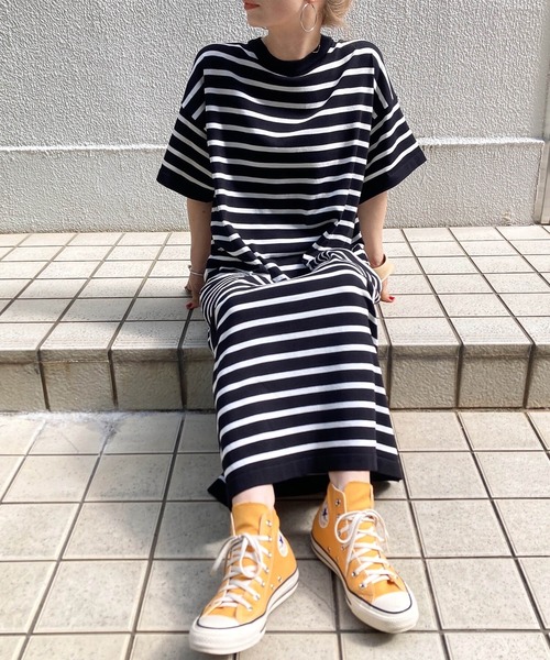 I-SOOK ワンピース ボーダーニットロングワンピース(comochi