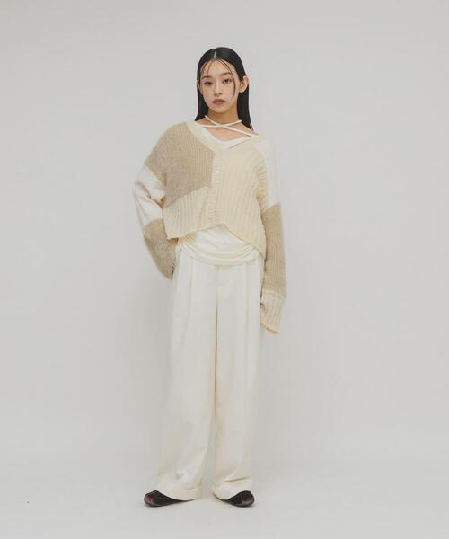 van ベージュ パッチワーク ニットカーディガン KBF（ケービーエフ） カーディガン パッチワークニットカーディガン