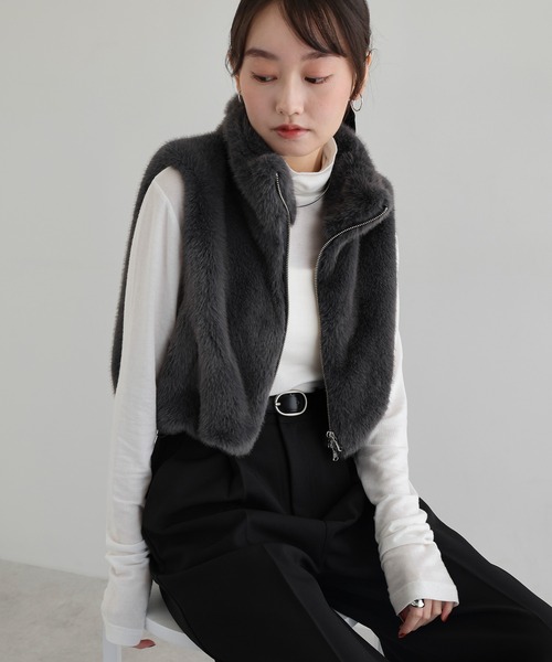 andme（アンドミー） ベスト ジレ ショート丈フォックスファーベスト