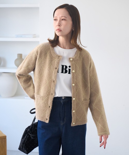 極美品 ROPE ノーカラー ラメ 入り カーディガン ライトベージュ ROPE' - 極美品 ROPE ノーカラー ラメ 入り カーディガン ライト