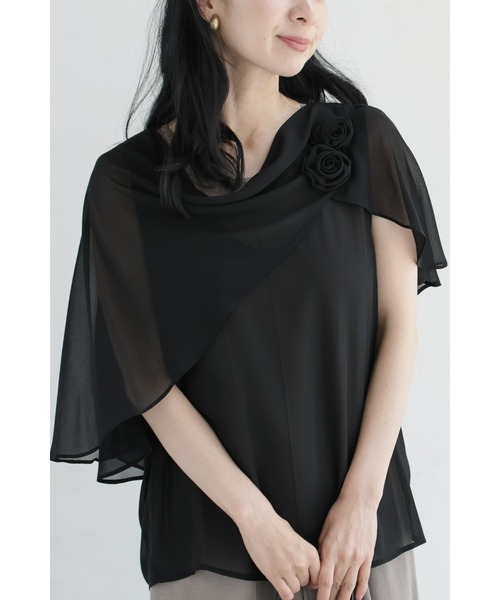 cawaii ブラウス シャツ （黒）肩にふわりショールベールの花咲く