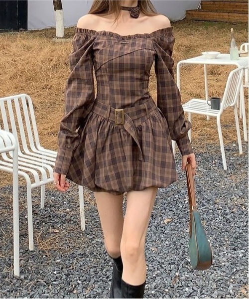 gossip!ロサンゼルス ワンピース Y2K チェック柄オフショルダーミニ