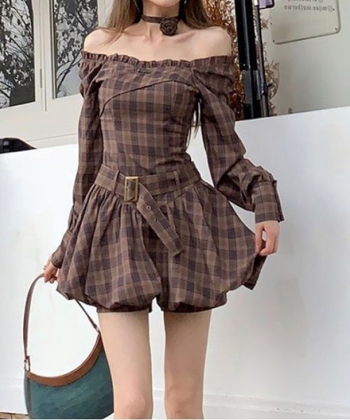 gossip!ロサンゼルス ワンピース Y2K チェック柄オフショルダーミニ