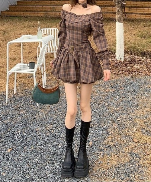 gossip!ロサンゼルス ワンピース Y2K チェック柄オフショルダーミニ