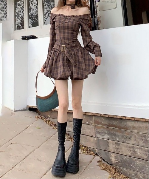 gossip!ロサンゼルス ワンピース Y2K チェック柄オフショルダーミニ