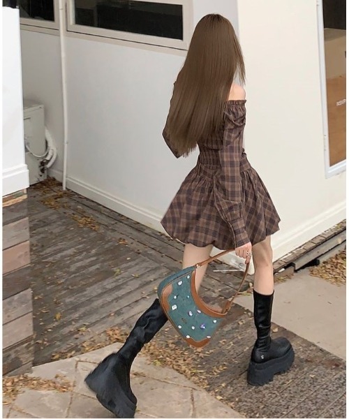 gossip!ロサンゼルス ワンピース Y2K チェック柄オフショルダーミニ