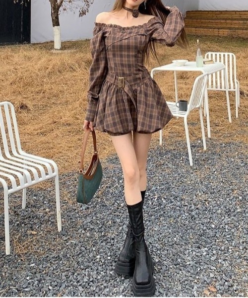 gossip!ロサンゼルス ワンピース Y2K チェック柄オフショルダーミニ