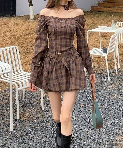gossip!ロサンゼルス ワンピース Y2K チェック柄オフショルダーミニ