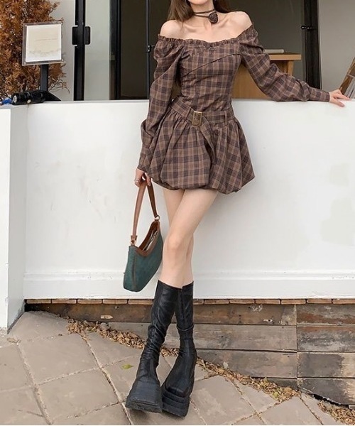 gossip!ロサンゼルス ワンピース Y2K チェック柄オフショルダーミニ