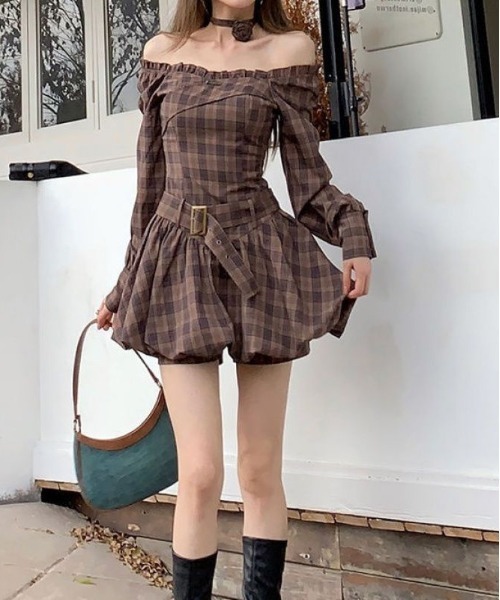 gossip!ロサンゼルス ワンピース Y2K チェック柄オフショルダーミニ