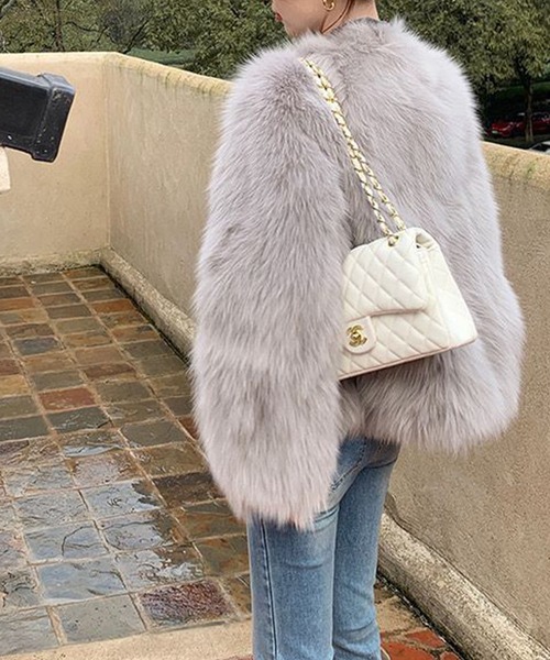 ノーカラーファーコート CLANE - ノーカラー ボリューム エコファーコート - NO COLLAR VOLUME