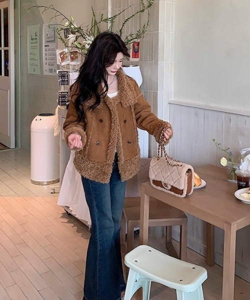 ムートン ブラウン シープ？ ショートコート Sibra（シブラ） ムートンコート ボアコート ダブルボタン×毛皮切替