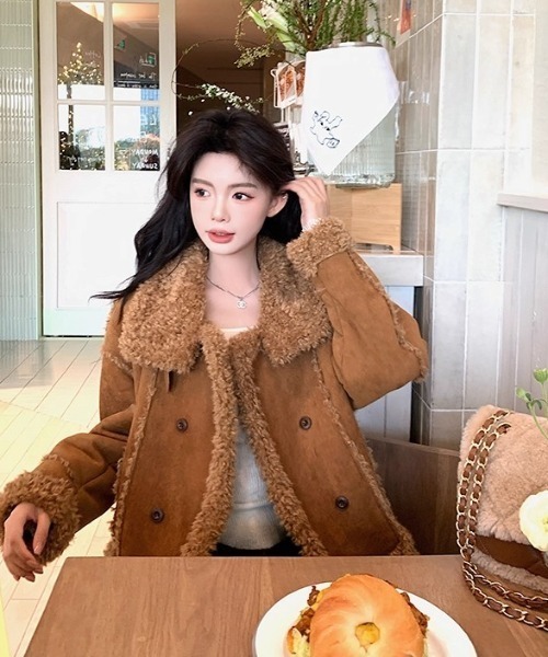 Sibra（シブラ） ムートンコート ボアコート ダブルボタン×毛皮切替