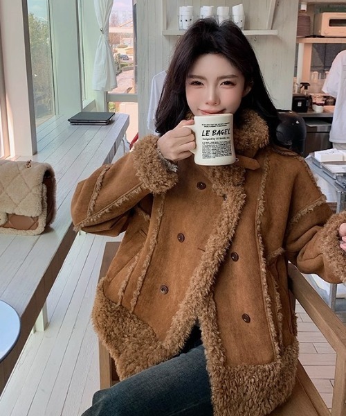 Sibra（シブラ） ムートンコート ボアコート ダブルボタン×毛皮切替