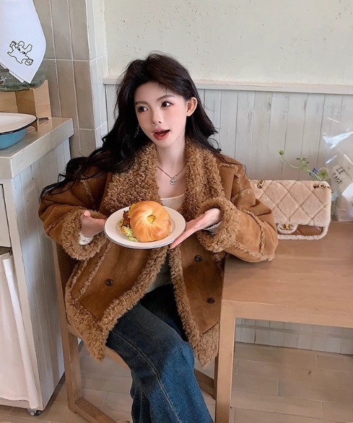 Sibra（シブラ） ムートンコート ボアコート ダブルボタン×毛皮切替