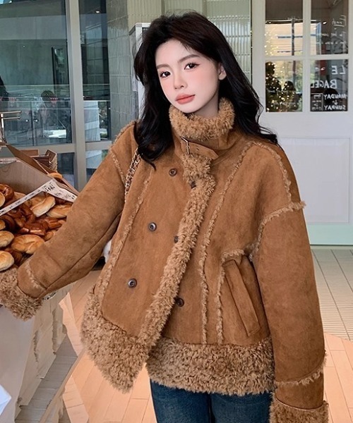 Sibra（シブラ） ムートンコート ボアコート ダブルボタン×毛皮切替