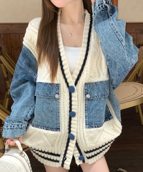Aelina デニムジャケット gジャン デニム切り替えニットツイスト