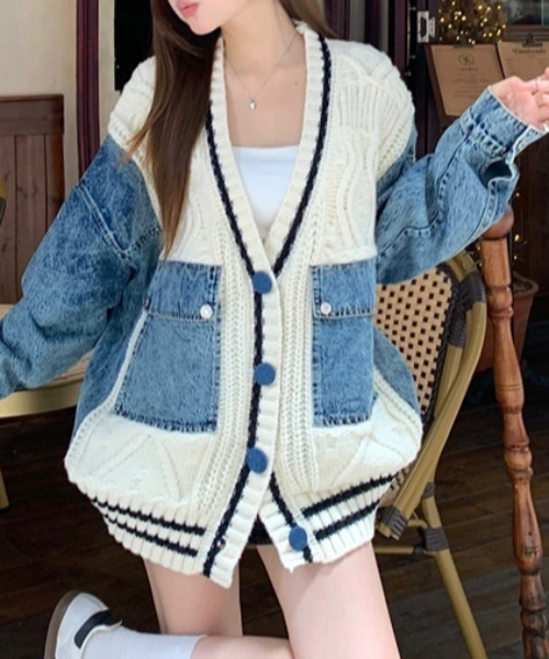 Aelina デニムジャケット gジャン デニム切り替えニットツイスト