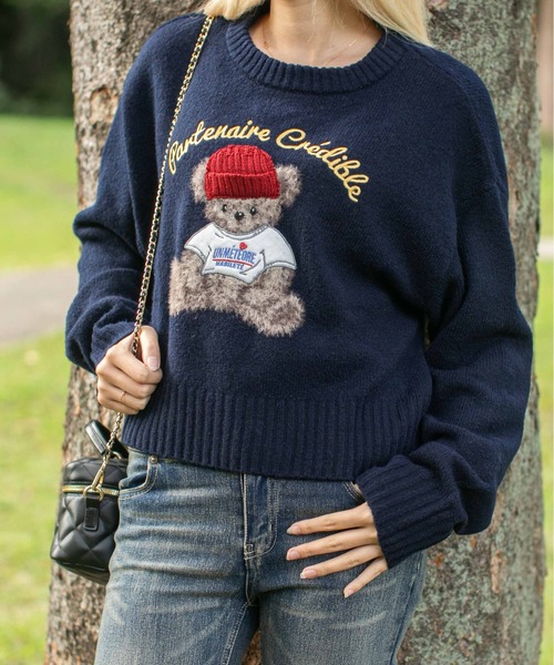 ニット セーター 「ショート丈×くま刺繍」レディース トップス ニット