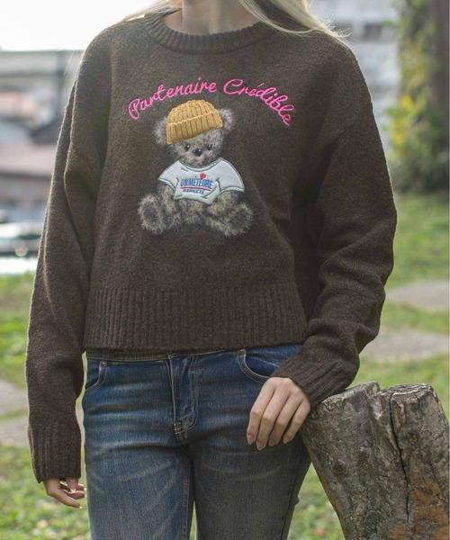 ニット セーター 「ショート丈×くま刺繍」レディース トップス ニット