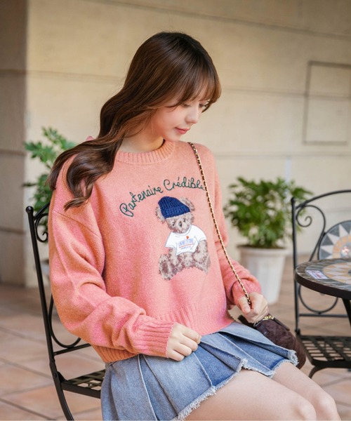 ニット セーター 「ショート丈×くま刺繍」レディース トップス ニット