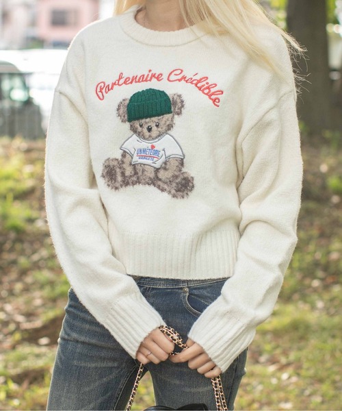 ニット セーター 「ショート丈×くま刺繍」レディース トップス ニット