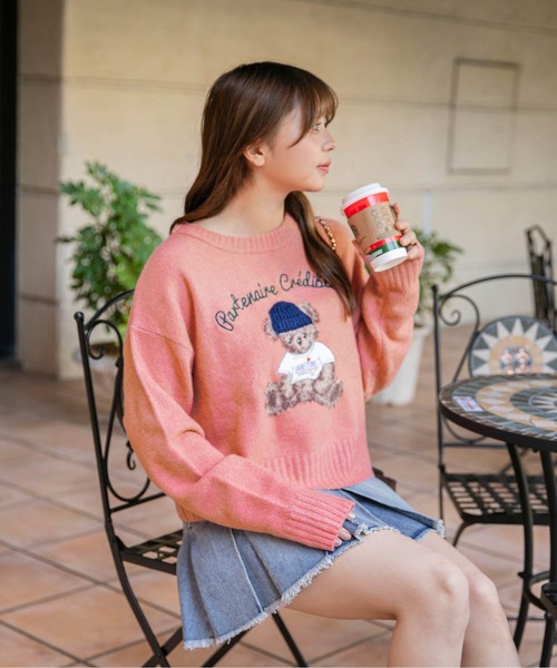 ニット セーター 「ショート丈×くま刺繍」レディース トップス ニット