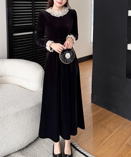 Diosfront ワンピース 異素材フリルドッキングベロアワンピース