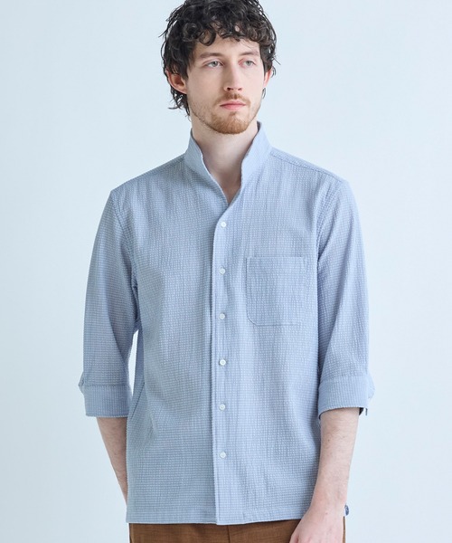  シャツ Lサイズ 青【新品未使用品】 MEN'S BIGI（メンズビギ） シャツ 半袖 ストレッチサッカー七分袖