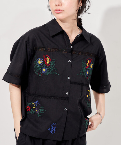 ブラウス シャツ インド パッチワーク刺繍シャツ レディースの画像