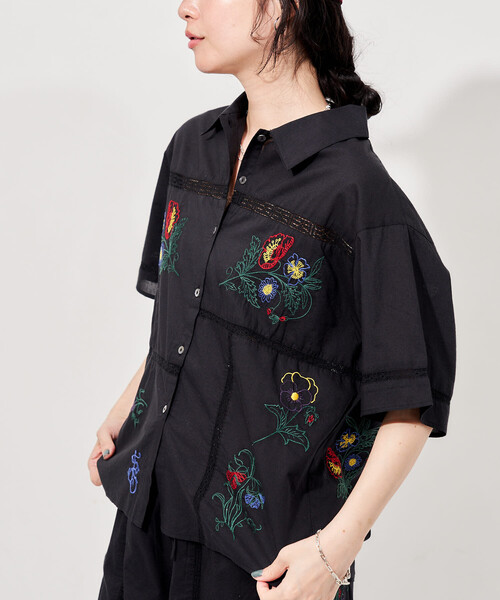 ブラウス シャツ インド パッチワーク刺繍シャツ レディースの画像