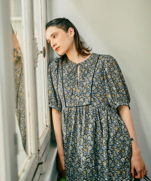 ウィムガゼット 定価3,3万 ゆったりボリュームスリーブ麻混インド刺繍ワンピース mysty woman（ミスティウーマン） ワンピース 更紗柄ボリューム
