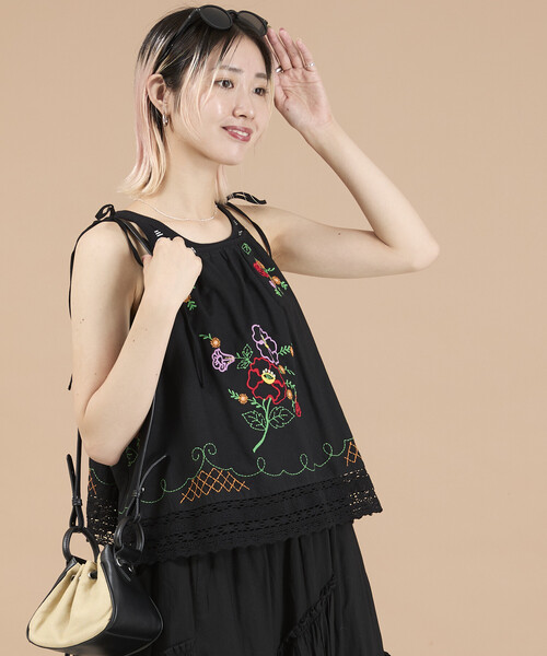 新品☆Freada インド 肩リボン 刺繍 リメイク風 キャミソール　フリーダ Freada（フリーダ） キャミソール インド 肩リボン 刺繍 リメイク風