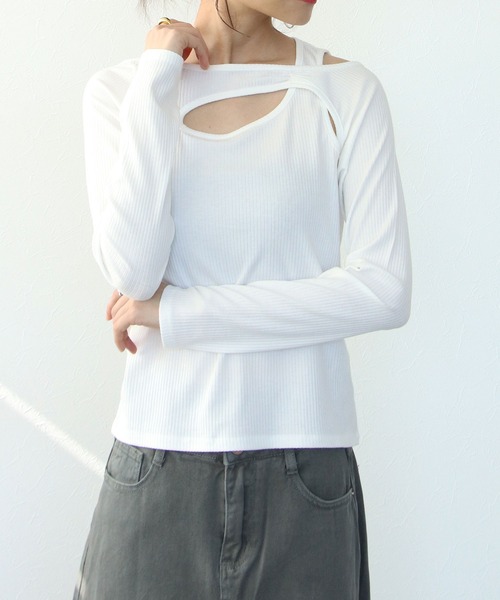 tシャツ カットアウト長袖プルオーバーカットソー レディース