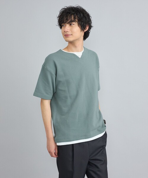 フェイクレイヤードTシャツ coen tシャツ リップルフェイクレイヤードヘンリーネックTシャツ
